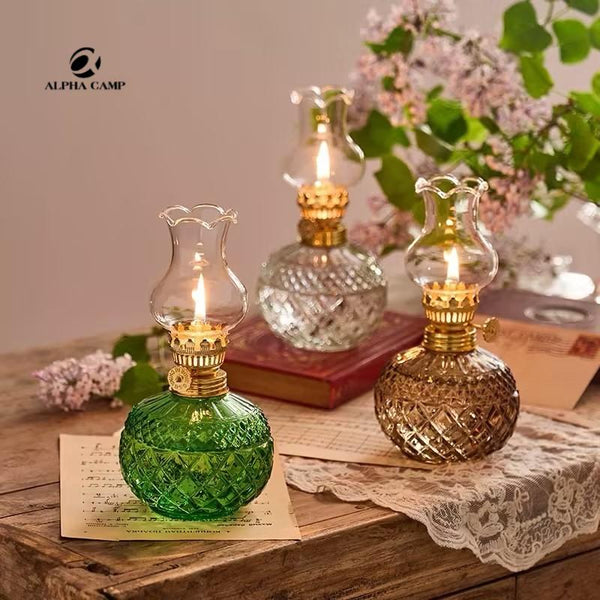 ALPHA CAMP Vintage Style Glass Oil Lamp with Decorative Brass Base