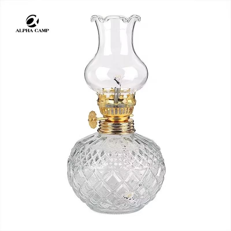 ALPHA CAMP Vintage Style Glass Oil Lamp with Decorative Brass Base