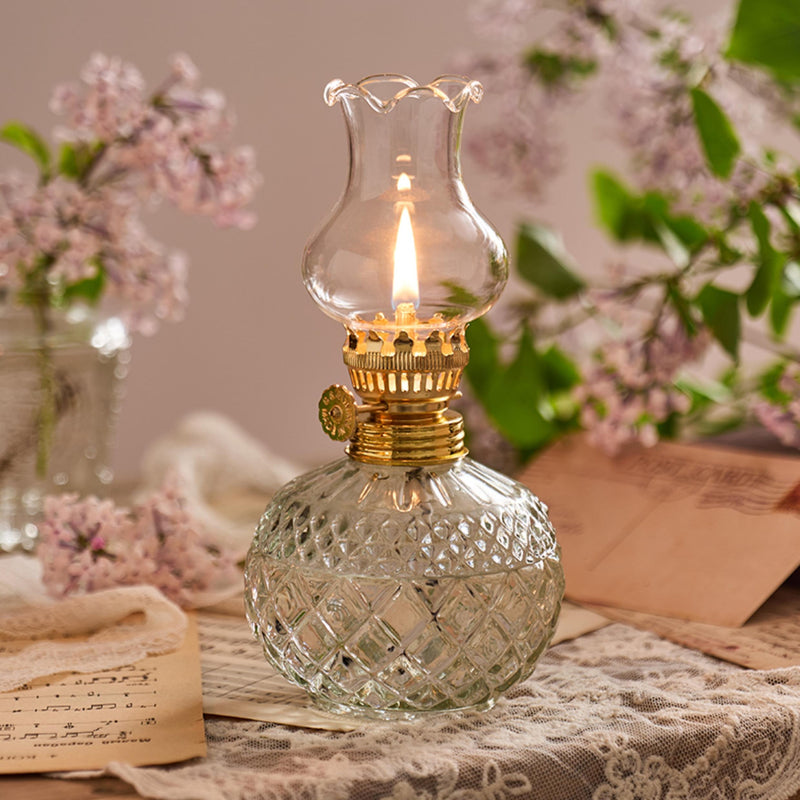 ALPHA CAMP Vintage Style Glass Oil Lamp with Decorative Brass Base