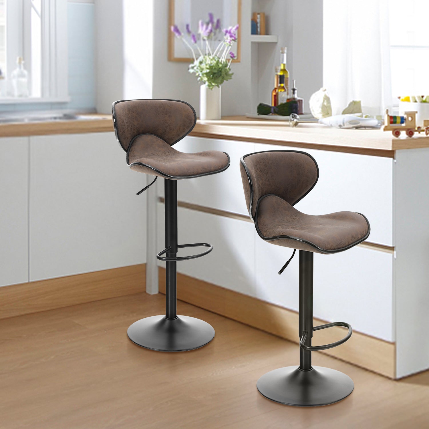 ALPHA CAMP Set of 2 Grey Faux Leather Swivel Barstools with Backrest