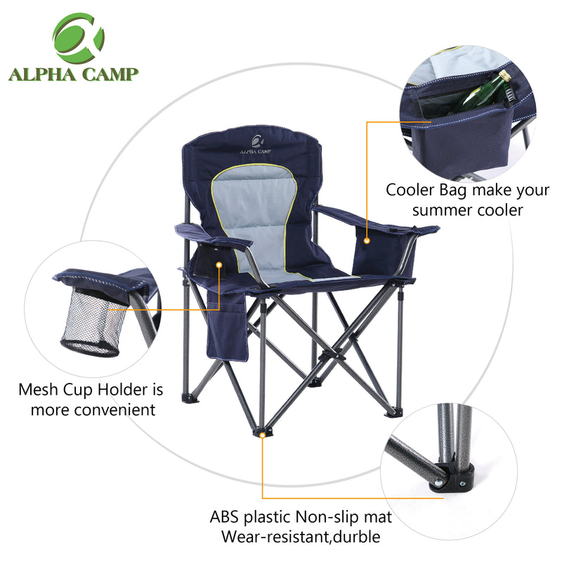 ALPHA CAMP Oversized Camping Folding Chair Heavy Duty Steel Frame Support  350 LBS Collapsible Padded Arm Chair with Cup Holder Quad Lumbar Back Chair